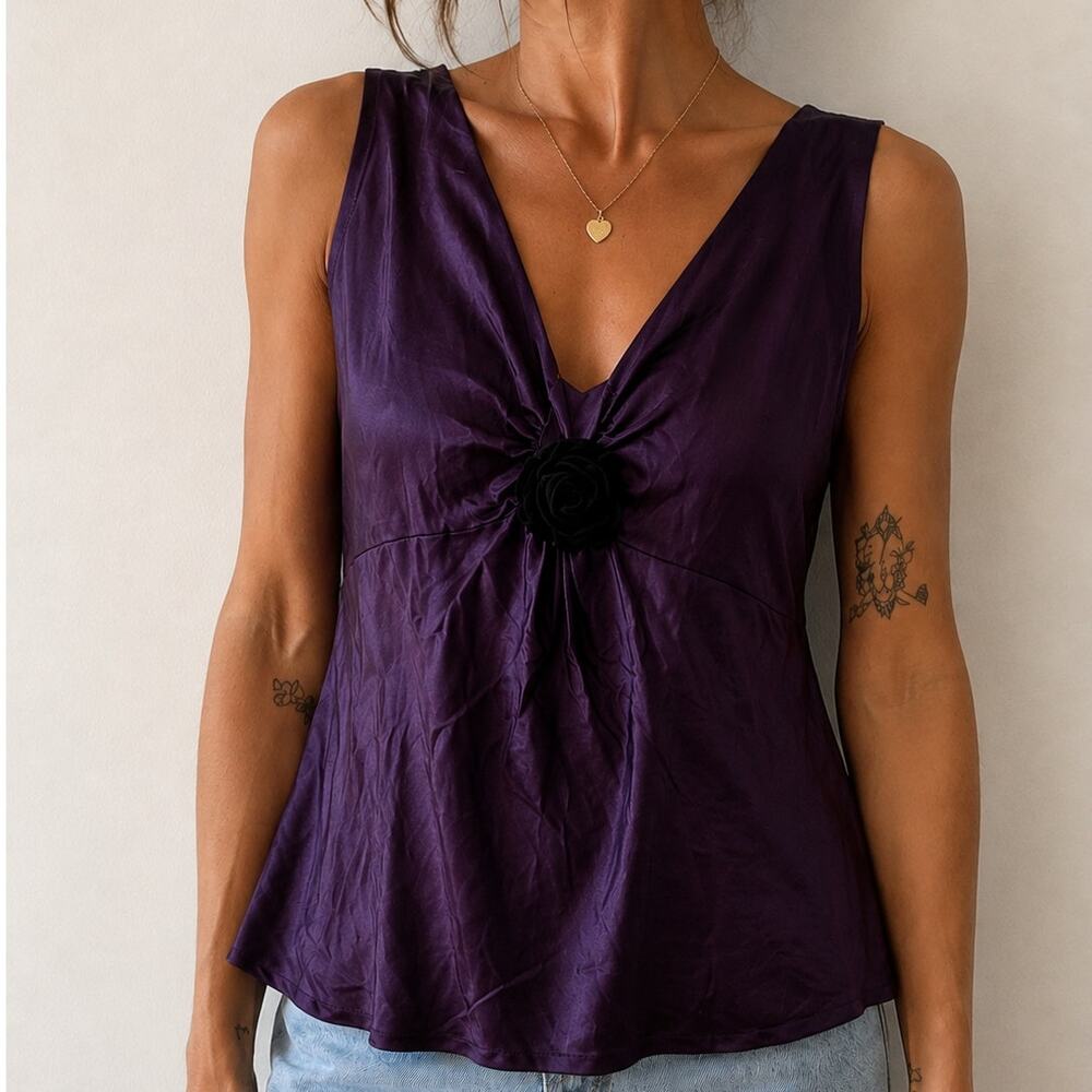 Vintage Y2K 100% Silk Purple Tank Blouse Sleeveless Ruched Whimsigoth-XXL